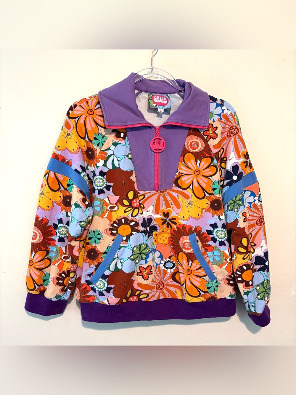 CeliaB psychedelic floral half zip pullover sweatshirt